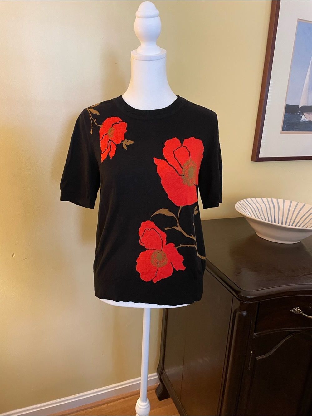 Ann Taylor Factory Black Knit Top with Bold Red Flowers